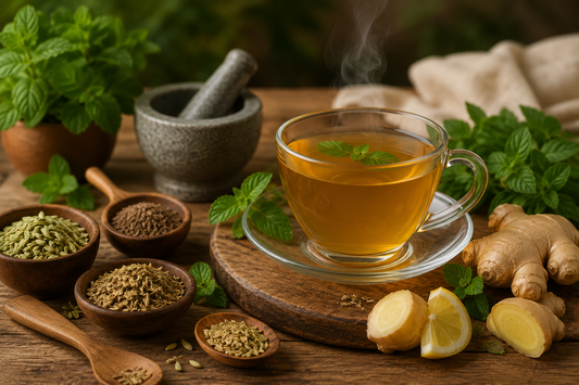 A soothing cup of Herbal Digestive Tea, surrounded by its natural ingredients